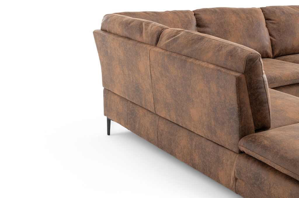 Faux Leather Suede Brown Left Hand Facing Corner Sofa Fusina Closeup