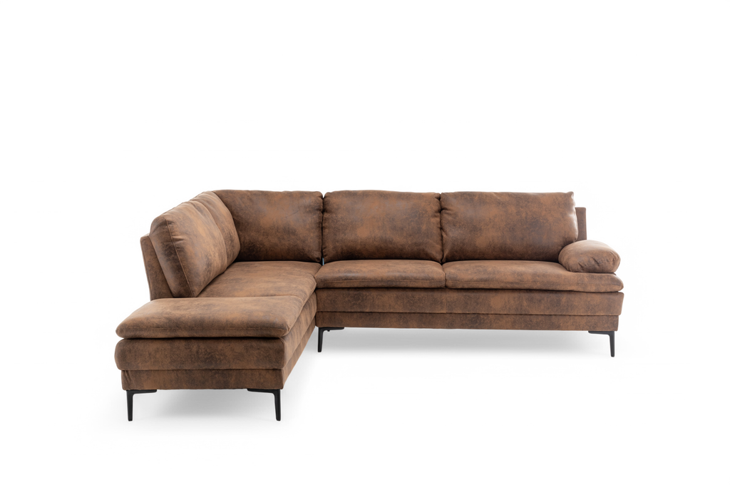 Faux Leather Suede Brown Left Hand Facing Corner Sofa Fusina Front