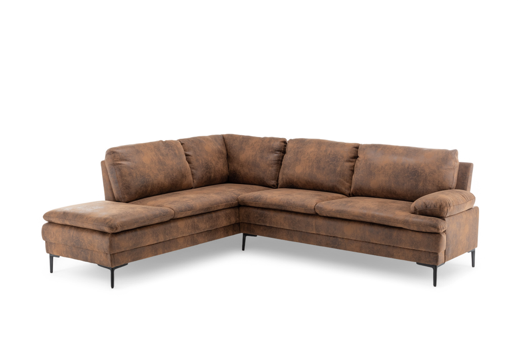 Faux Leather Suede Brown Left Hand Facing Corner Sofa Fusina Front Angle