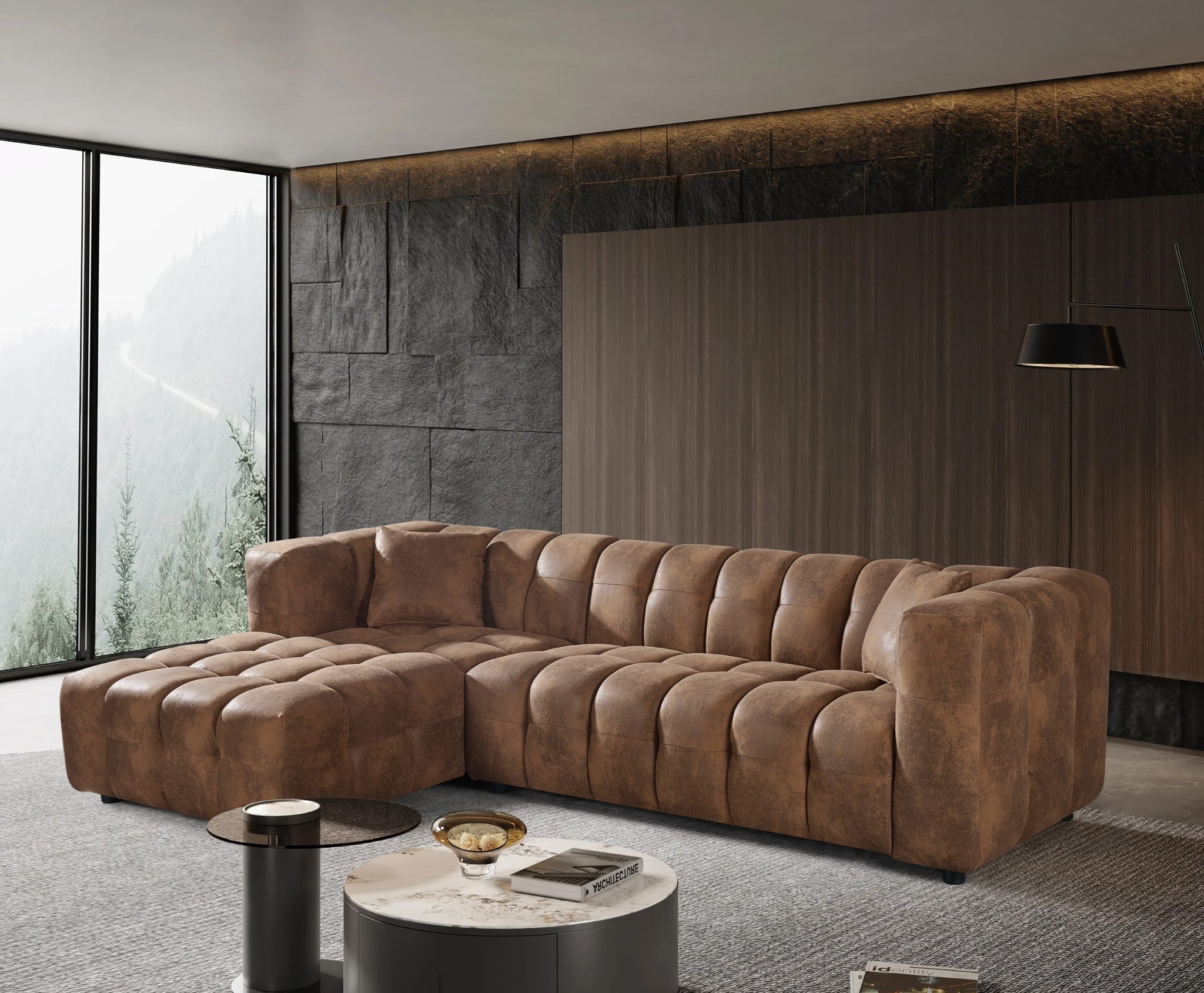 Faux Leather Suede Brown Left Hand Facing Lugano Corner Sofa with Otto Lovesofas
