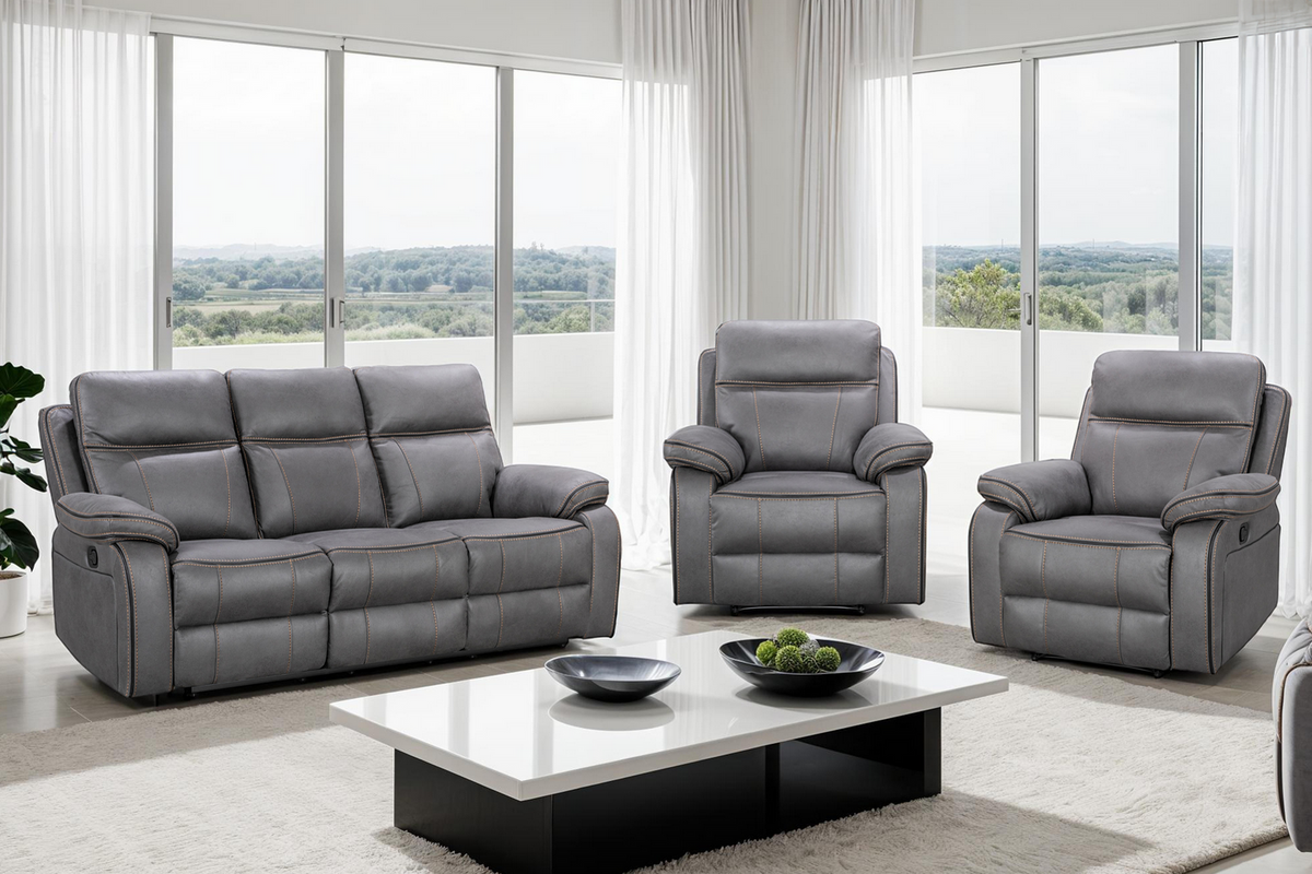 Faux Leather Grey 3 + 1 + 1 Seater Manual Recliner Sofa Set with Contrast Stitching VEGAS Background
