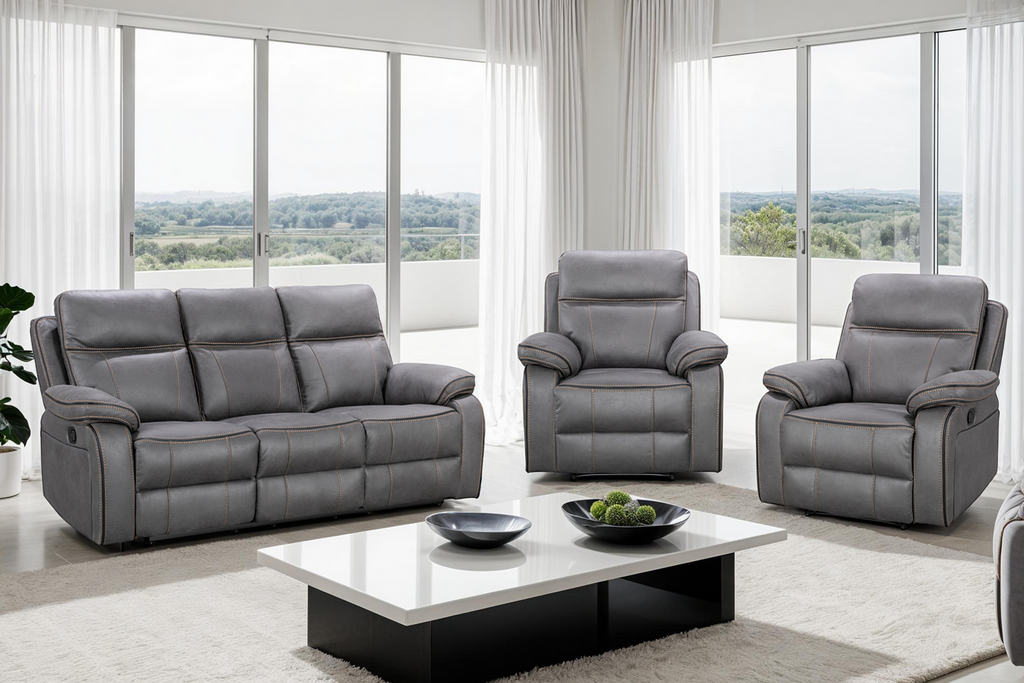 Faux Leather Grey 3 + 1 + 1 Seater Manual Recliner Sofa Set with Contrast Stitching VEGAS Background