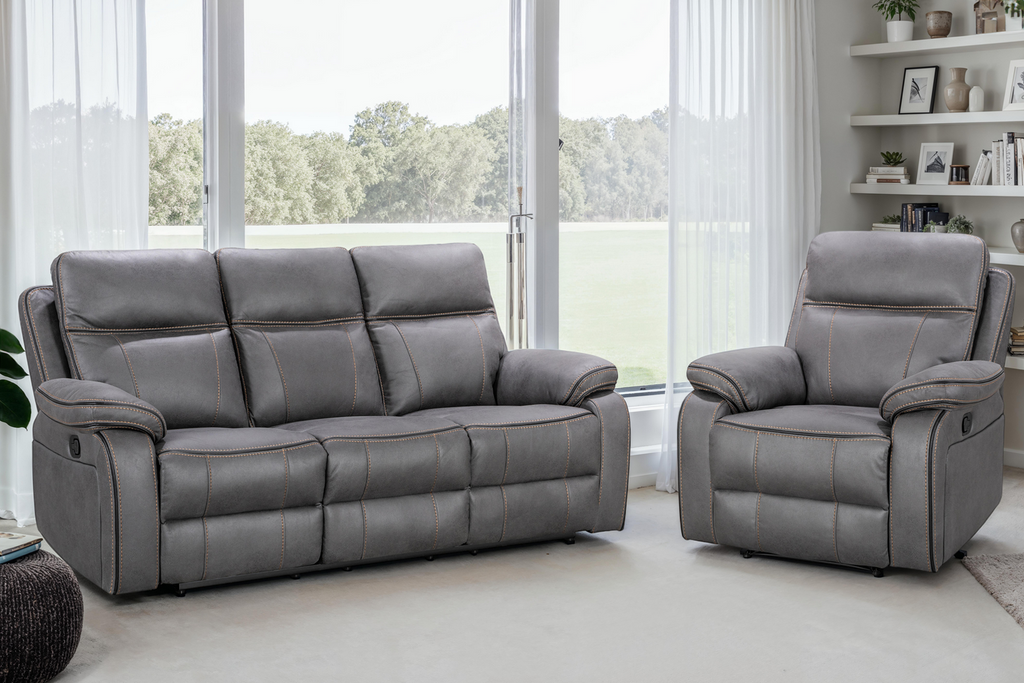 Faux Leather Grey 3 + 1 Seater Manual Recliner Sofa Set with Contrast Stitching VEGAS Background