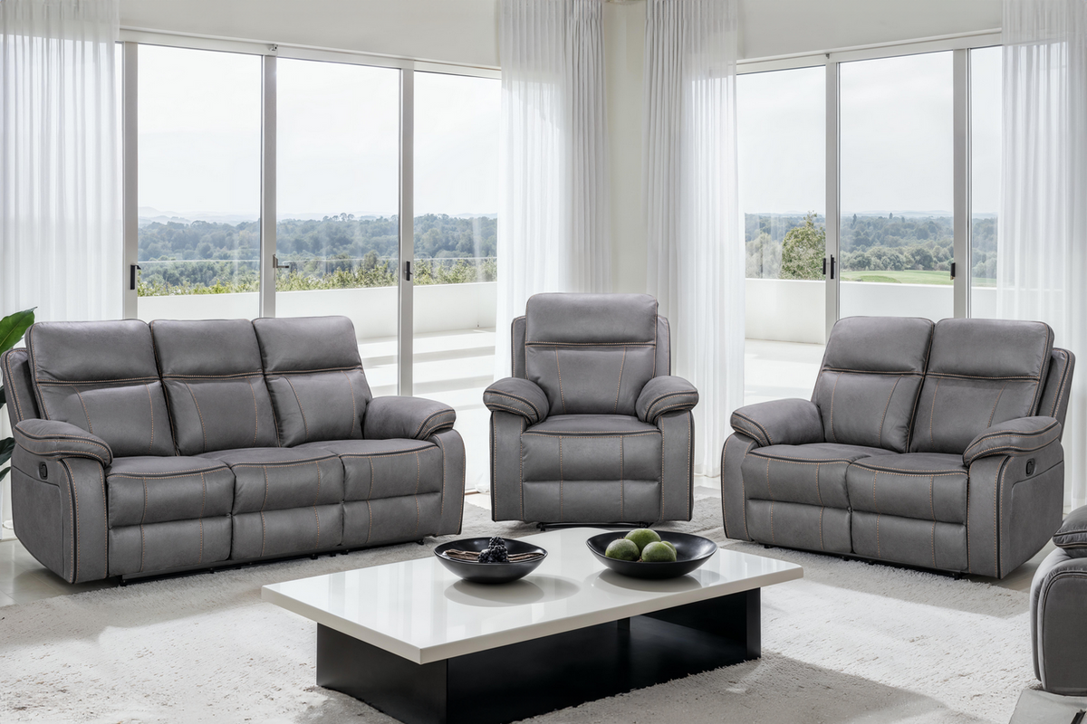 Faux Leather Grey 3 + 2 + 1 Seater Manual Recliner Sofa Set with Contrast Stitching VEGAS Background