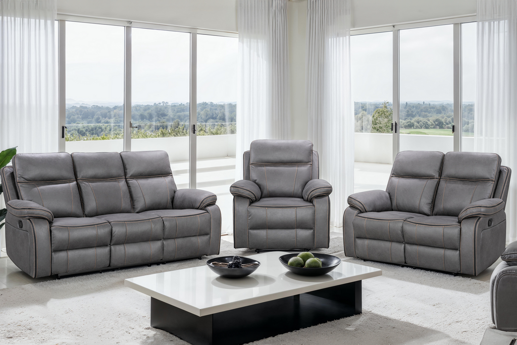 Faux Leather Grey 3 + 2 + 1 Seater Manual Recliner Sofa Set with Contrast Stitching VEGAS Background