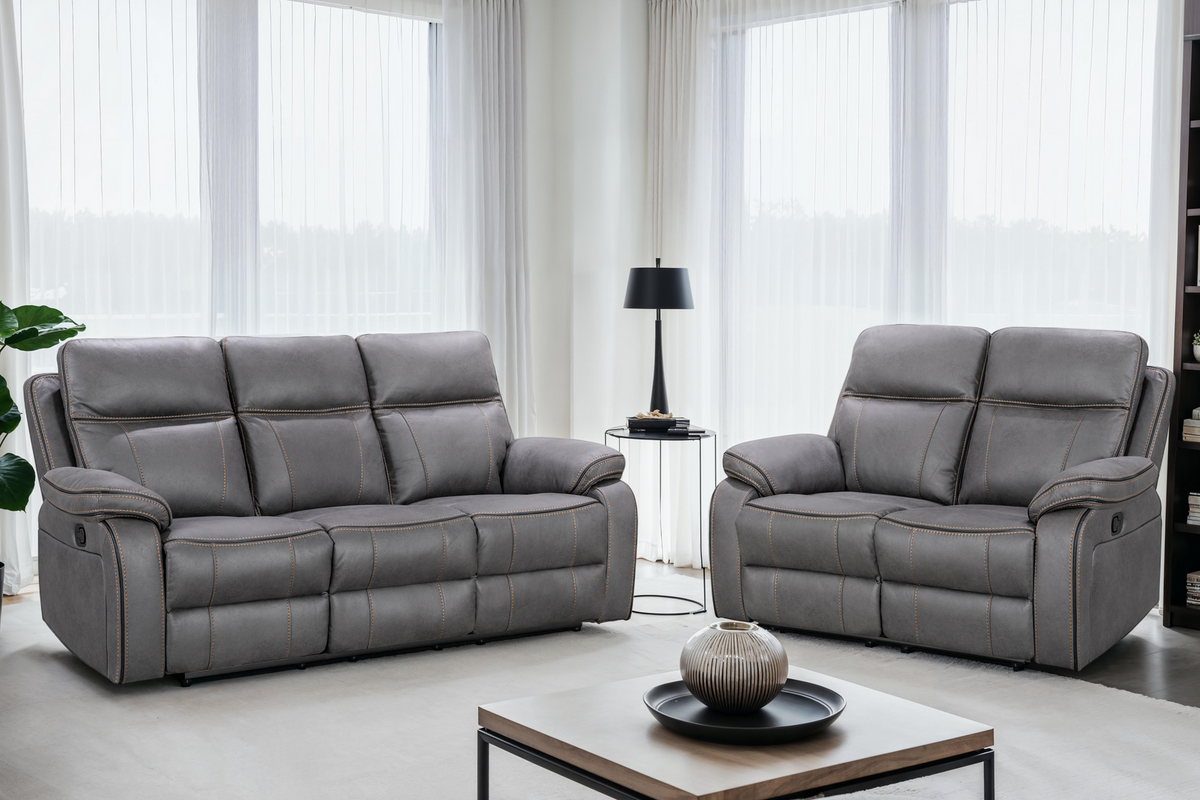 Faux Leather Grey 3 + 2 Seater Manual Recliner Sofa Set with Contrast Stitching VEGAS