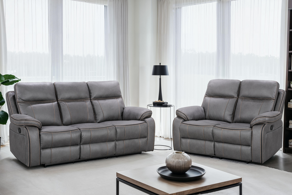 Faux Leather Grey 3 + 2 Seater Manual Recliner Sofa Set with Contrast Stitching VEGAS