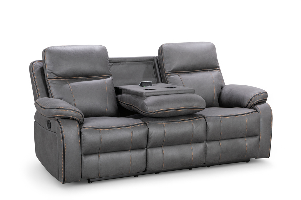Faux Leather Grey 3 Seater Manual Recliner Sofa with Contrast Stitching VEGAS Console Charging Ports Cupholders