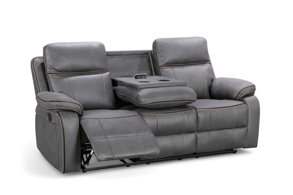 Faux Leather Grey 3 Seater Manual Recliner Sofa with Contrast Stitching VEGAS Console Charging Ports Cupholders Reclined Footrest