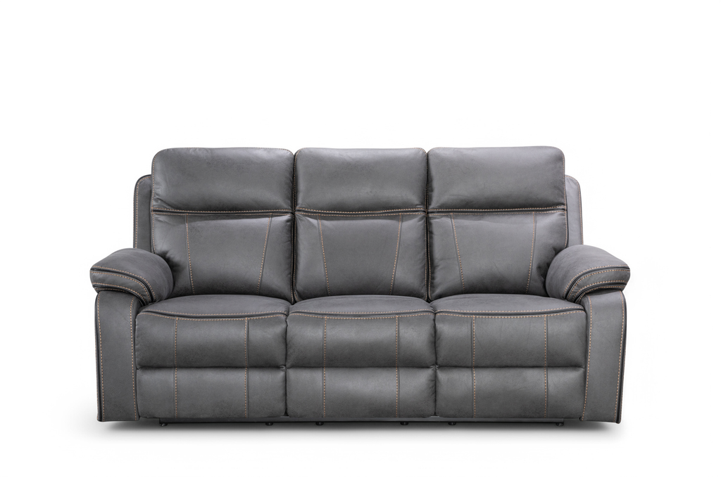 Faux Leather Grey 3 Seater Manual Recliner Sofa with Contrast Stitching VEGAS Front