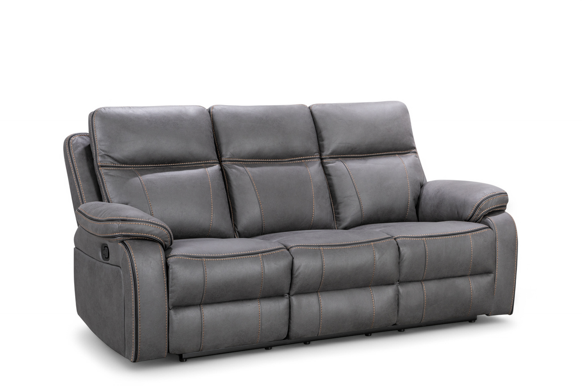 Faux Leather Grey 3 Seater Manual Recliner Sofa with Contrast Stitching VEGAS Front Angle