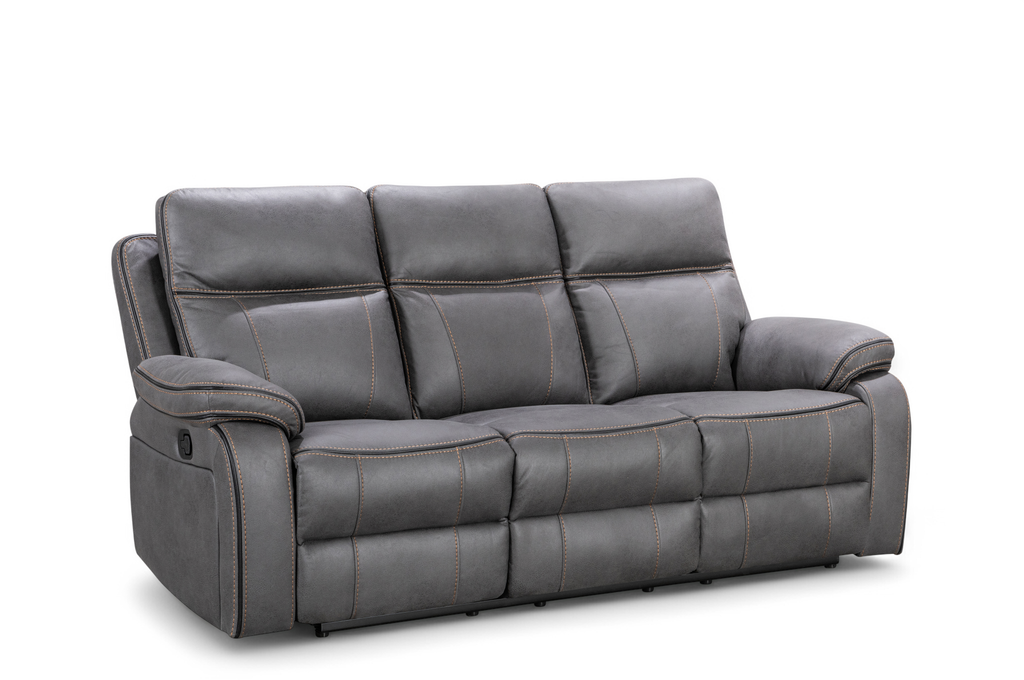 Faux Leather Grey 3 Seater Manual Recliner Sofa with Contrast Stitching VEGAS Front Angle