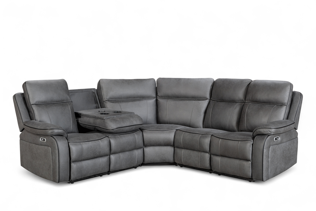 Gray sectional sofa with reclining seats on a white background