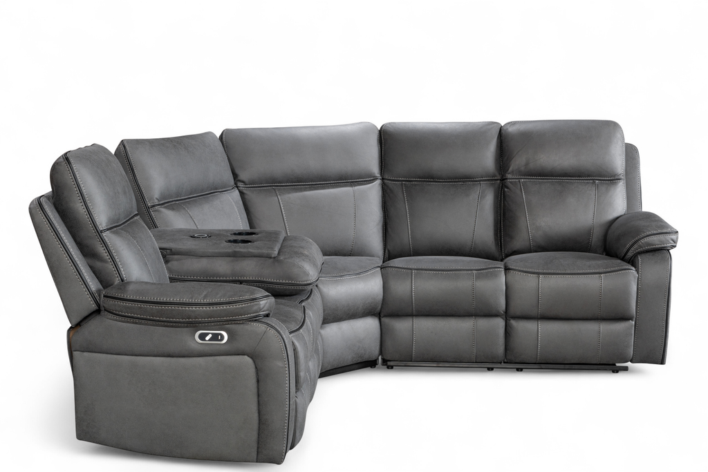 Gray sectional sofa with reclining seats on a white background
