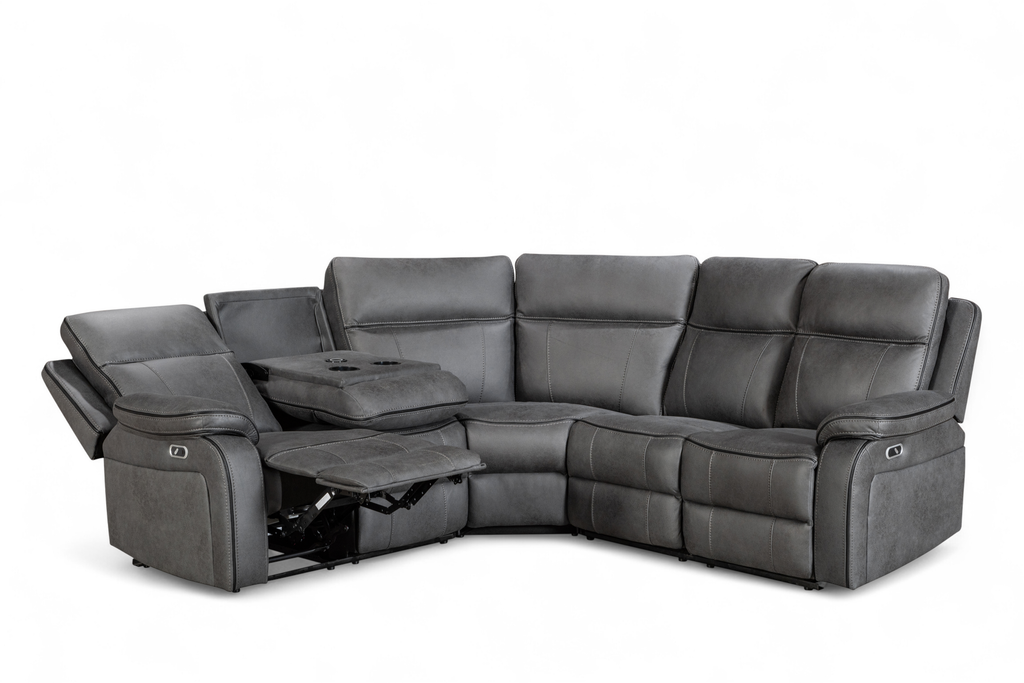 Gray sectional sofa with reclining features on a white background