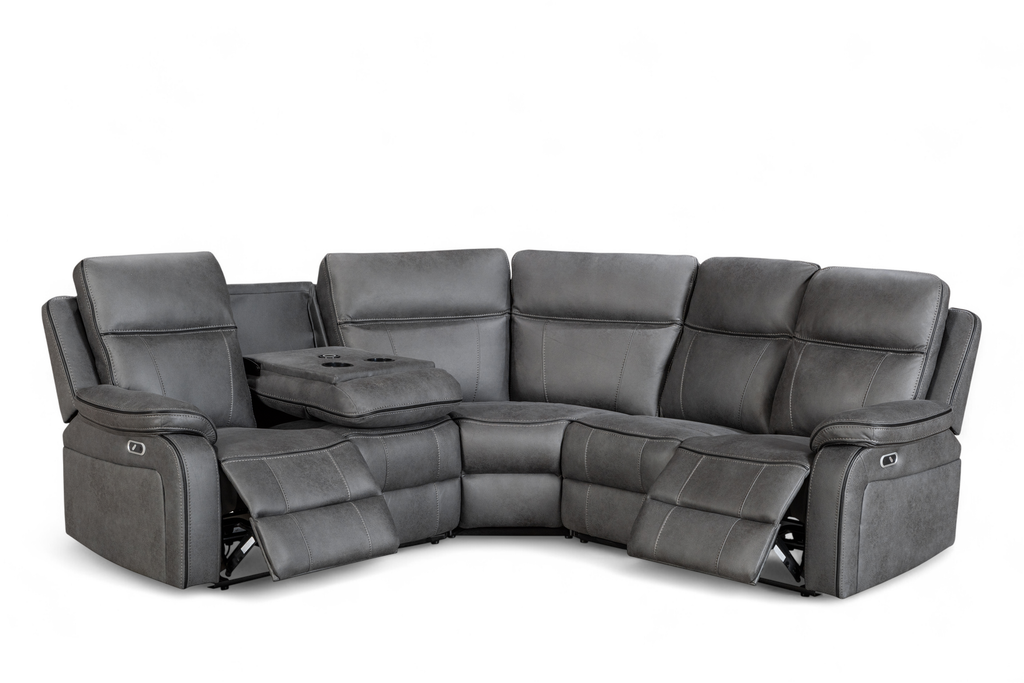 Gray sectional sofa with reclining seats on a white background