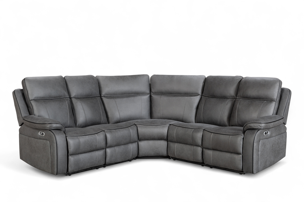Gray sectional sofa with reclining seats on a white background