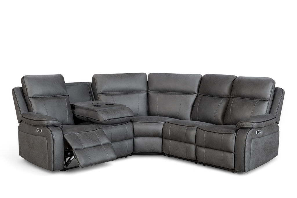 Gray sectional sofa with reclining seats on a white background