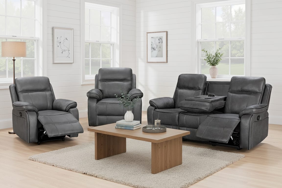 Faux Leather Grey 3 + 1 + 1 Seater Manual Recliner Sofa Set VEGAS