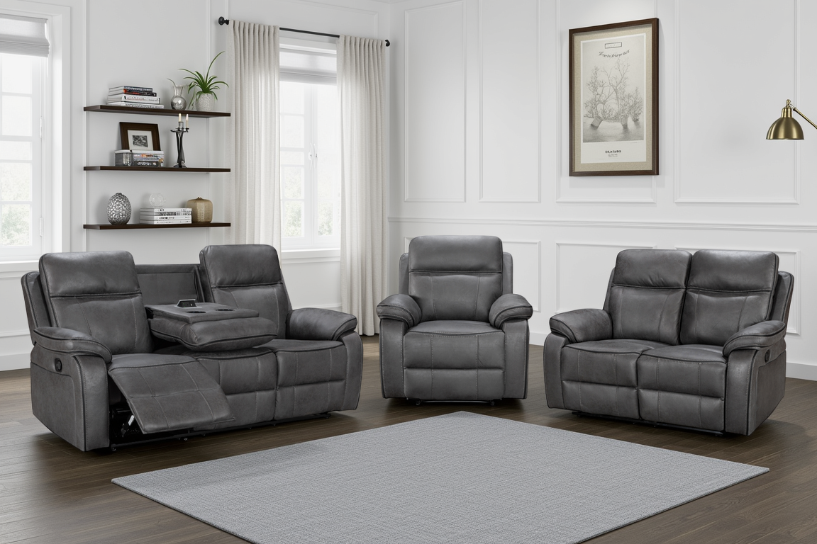 Faux Leather Grey 3 + 2 + 1 Seater Manual Recliner Sofa Set VEGAS