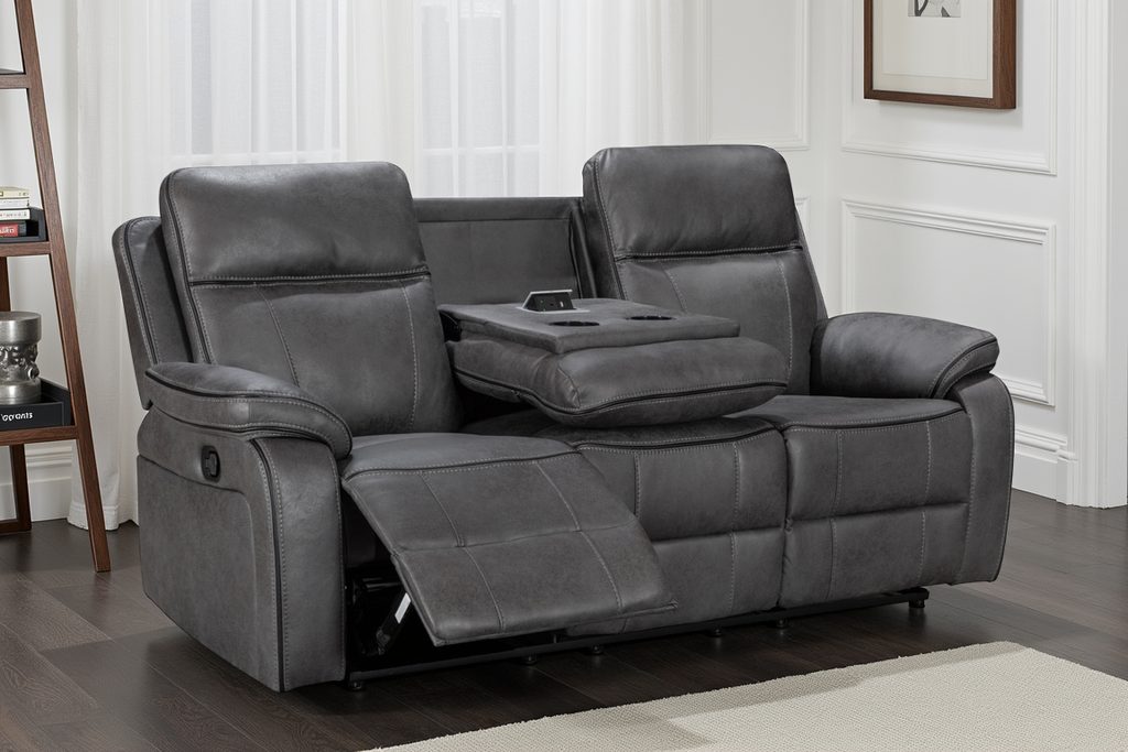 grey 3 seater recliner sofa in a living room reclined with console pulled down