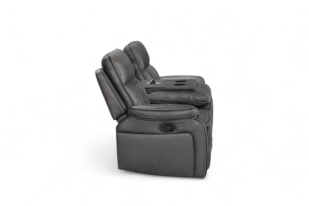 grey 3 seater recliner sofa front view with cupholders console pulled down