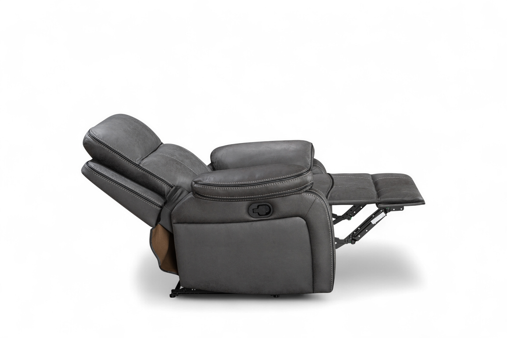 Gray recliner chair fully reclined side angle