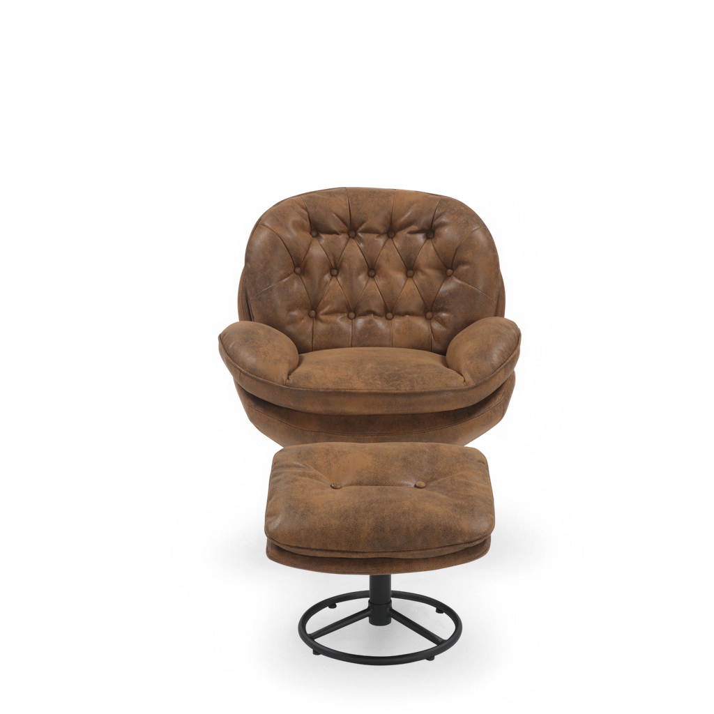Faux Leather Suede Brown Azura Swivel Accent Chair with Footstool