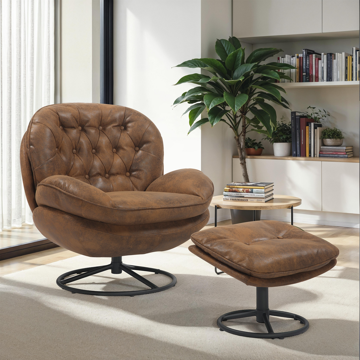 Faux Leather Suede Brown Azura Swivel Accent Chair with Footstool