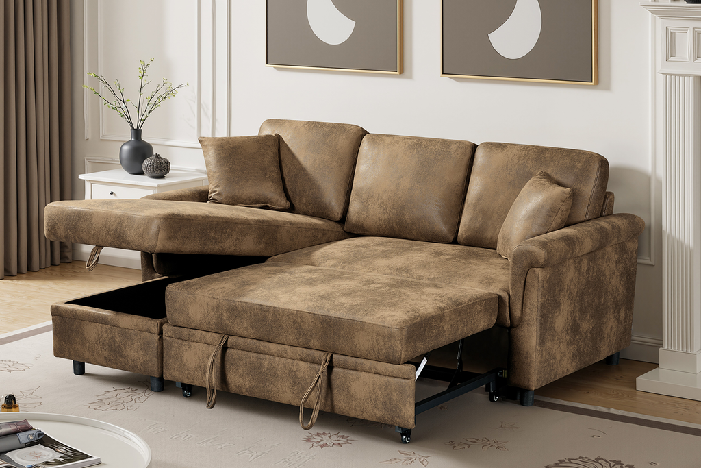 Faux Leather Suede Brown 1C2 Corner Sofabed with Chaise OSCAR