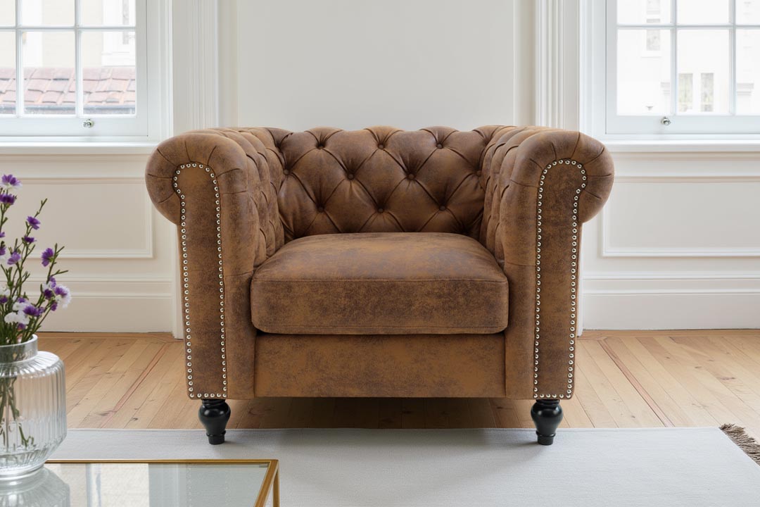 Faux Leather Suede Brown 1 Seater Chesterfield Sofa With Wooden Feet CAMDEN