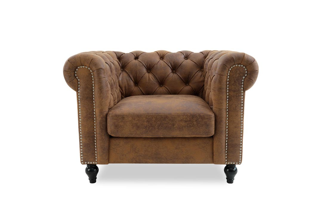 Faux Leather Suede Brown 1 Seater Chesterfield Sofa With Wooden Feet CAMDEN