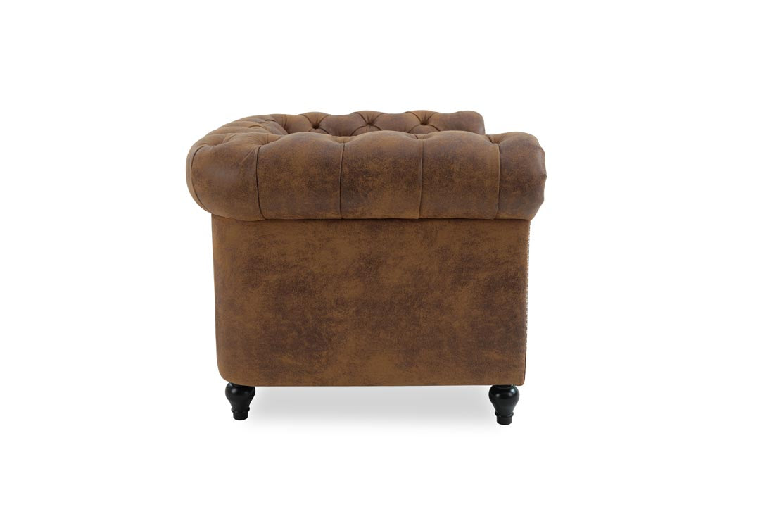 Faux Leather Suede Brown 1 Seater Chesterfield Sofa With Wooden Feet CAMDEN
