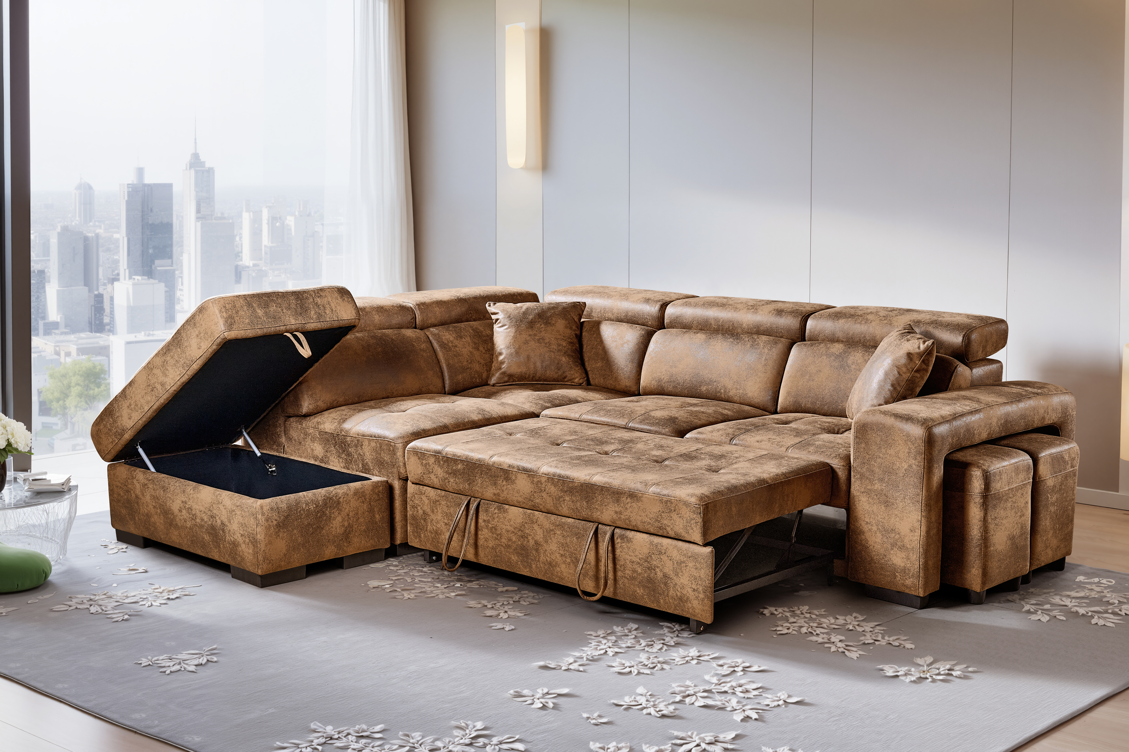 Faux Leather Suede Brown 1C2 Corner Sofabed with Storage and Ottomans AMELIA