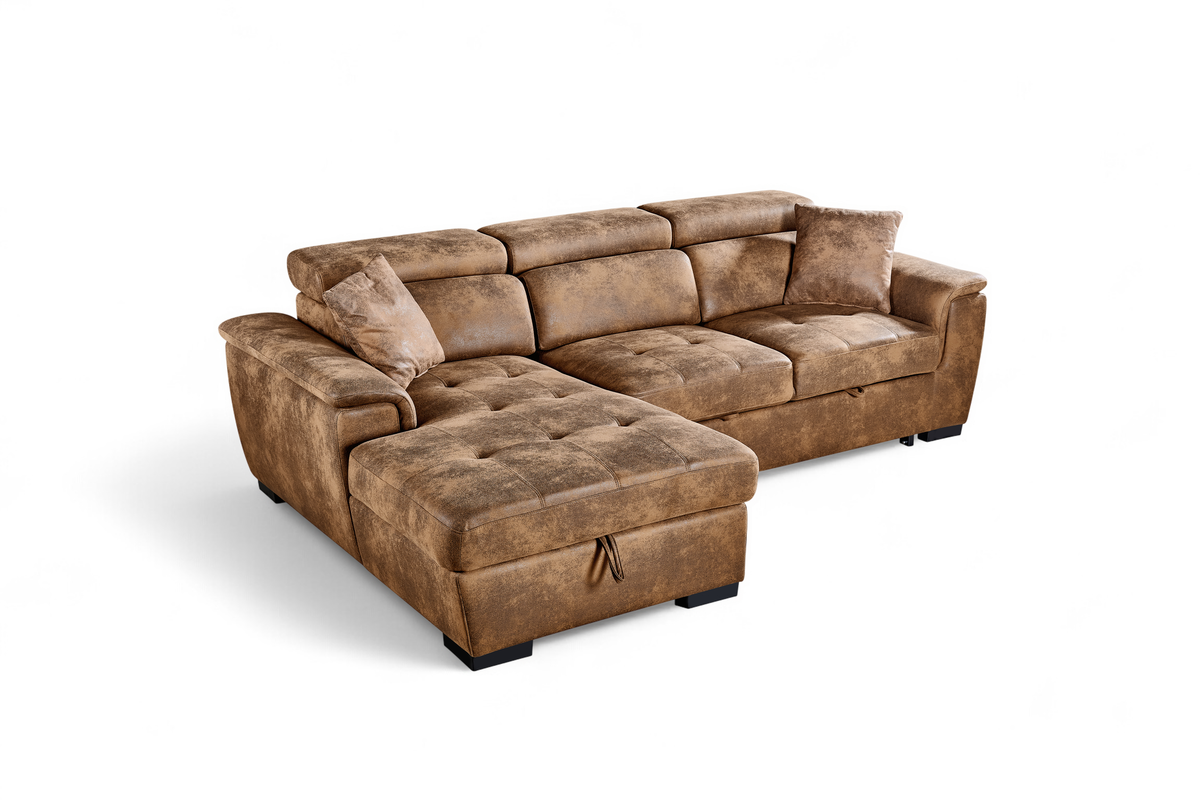 Faux Leather Suede Brown 1C2 Corner Sofabed with Storage WILSON