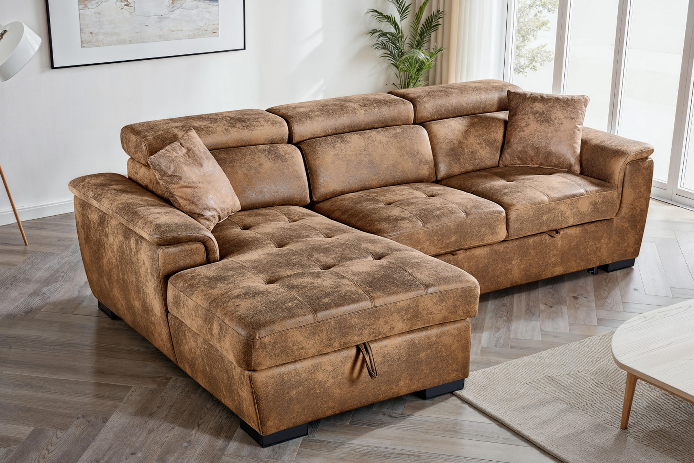 Faux Leather Suede Brown 1C2 Corner Sofabed with Storage WILSON