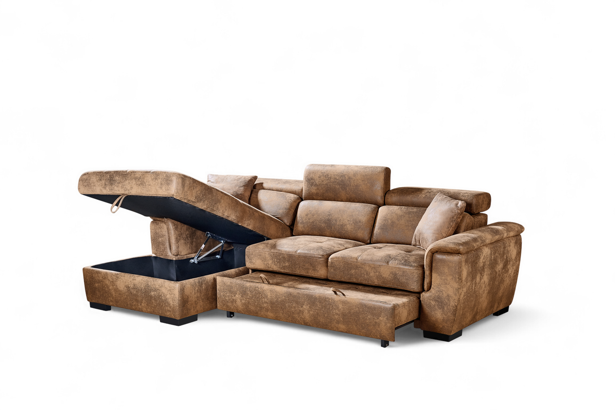 Faux Leather Suede Brown 1C2 Corner Sofabed with Storage WILSON