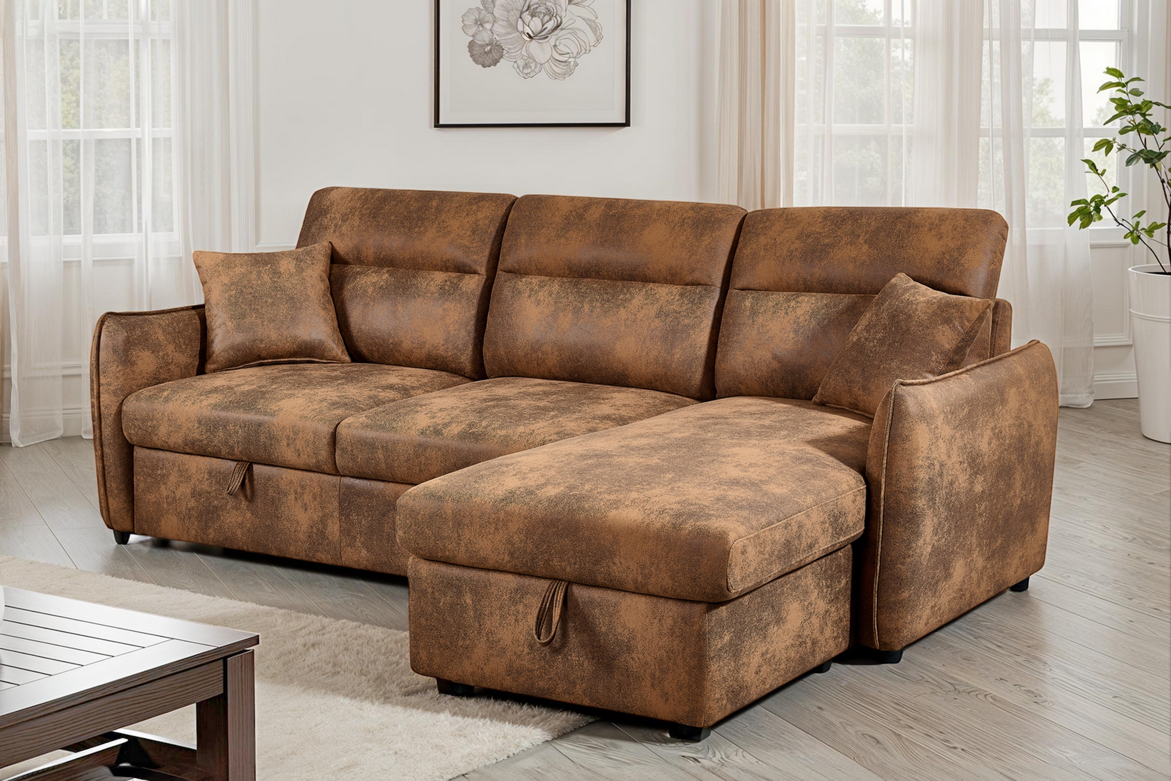 Faux Leather Suede Brown 2C1 Corner Sofabed with Storage ARCHIE