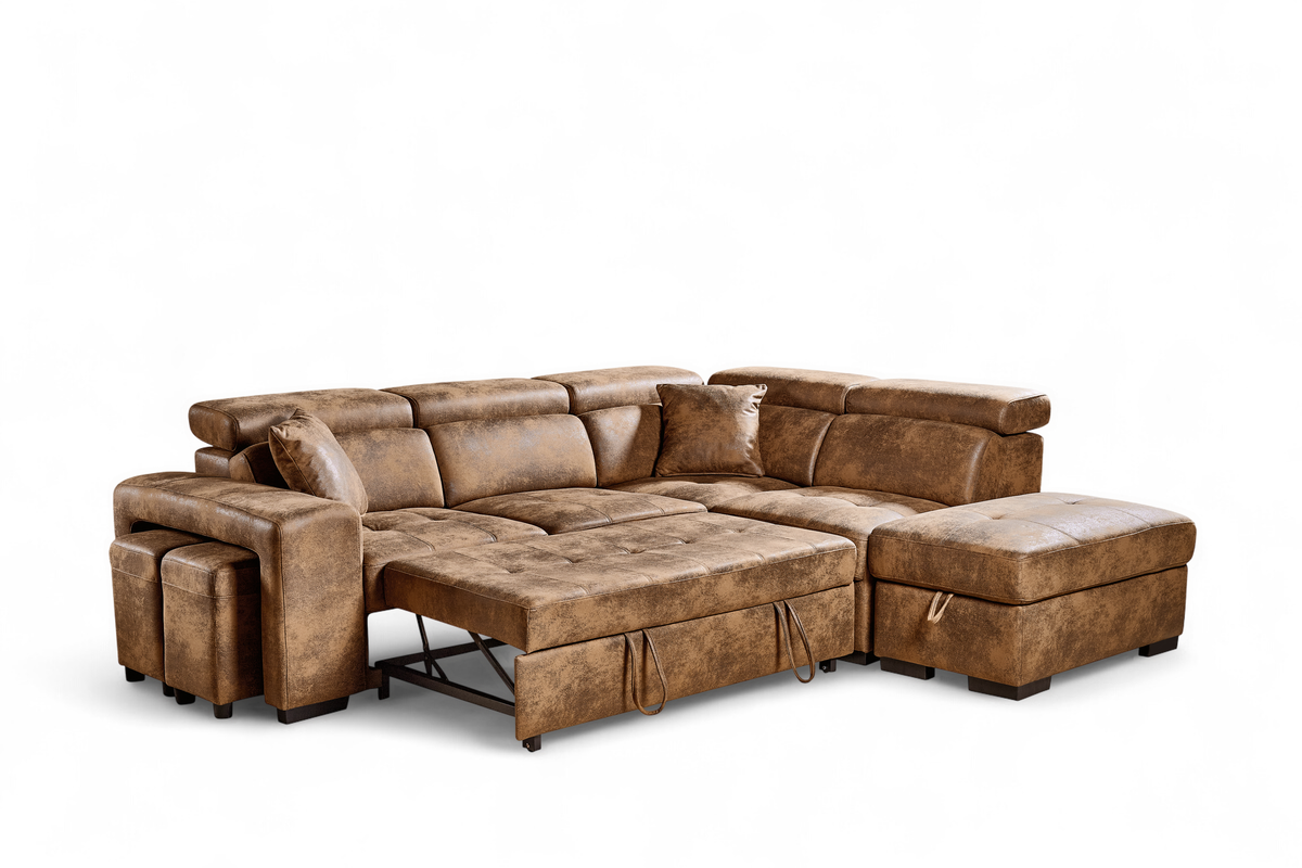 Faux Leather Suede Brown 2C1 Corner Sofabed with Storage and Ottomans AMELIA