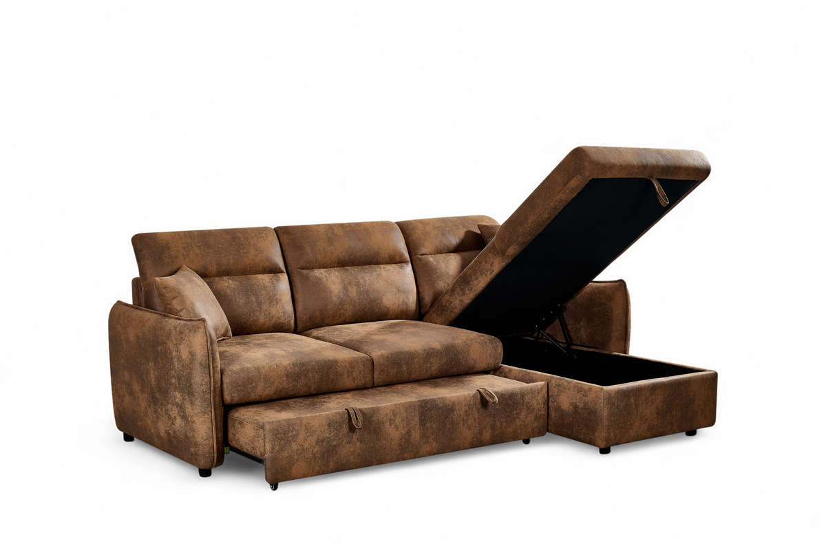 Faux Leather Suede Brown 2C1 Corner Sofabed with Storage ARCHIE