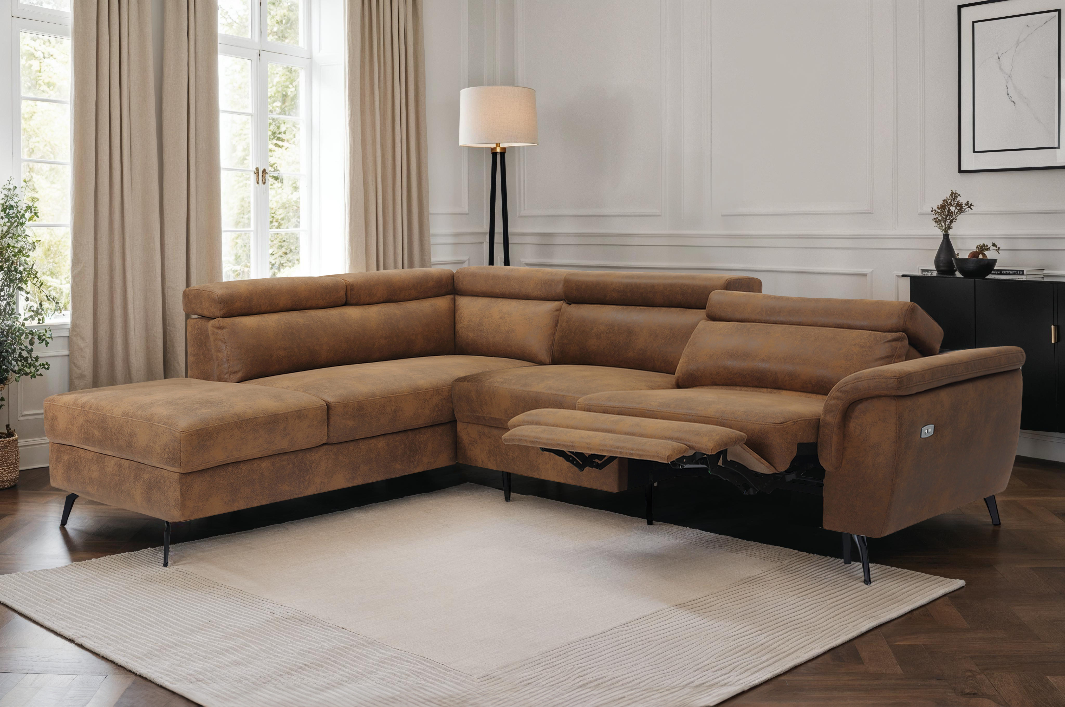 Faux Leather Suede Brown Left Hand Facing Electric Reclining Corner Sofa with Storage VITTORIO