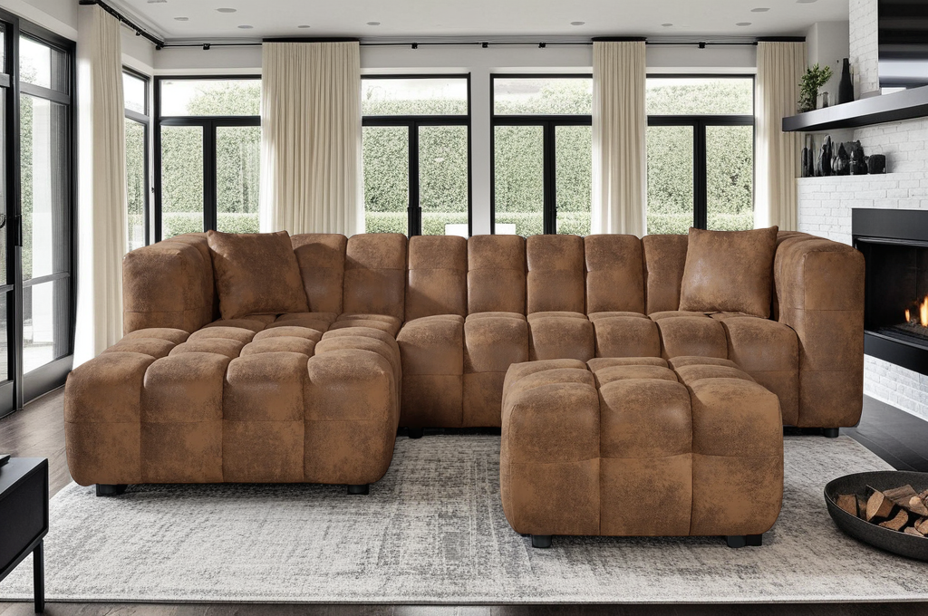 Faux Leather Suede Brown Left Hand Facing Lugano Corner Sofa with Ottoman