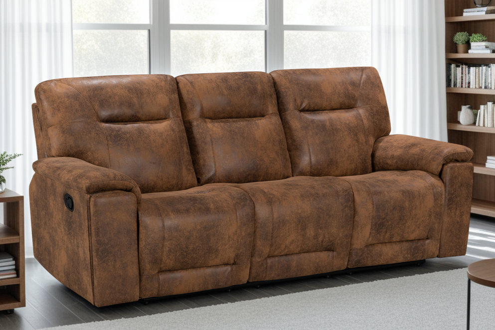Faux Leather Suede Brown Murcia 3 Seater Manual Recliner Sofa