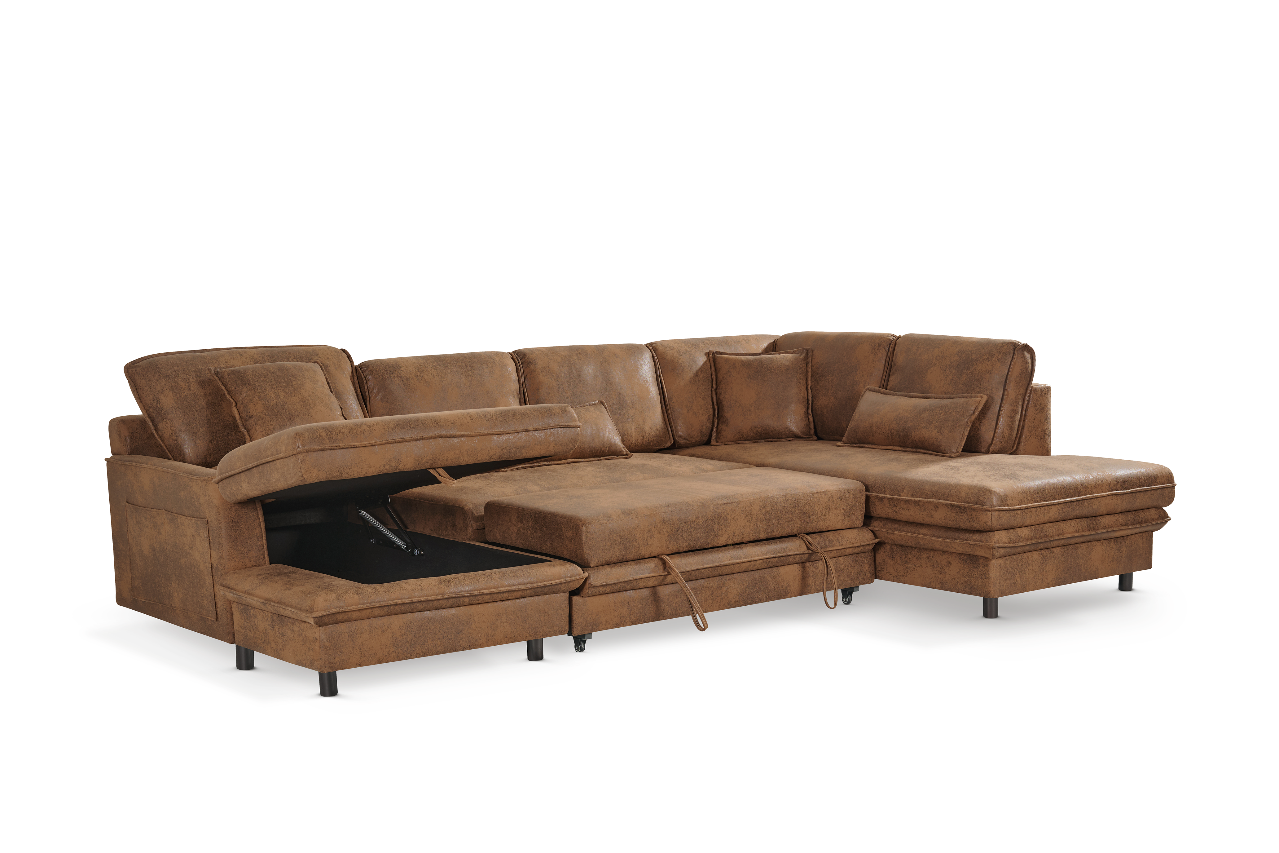 Faux Leather Suede Brown Right Hand Facing Corner Sofa Bed KANSAS