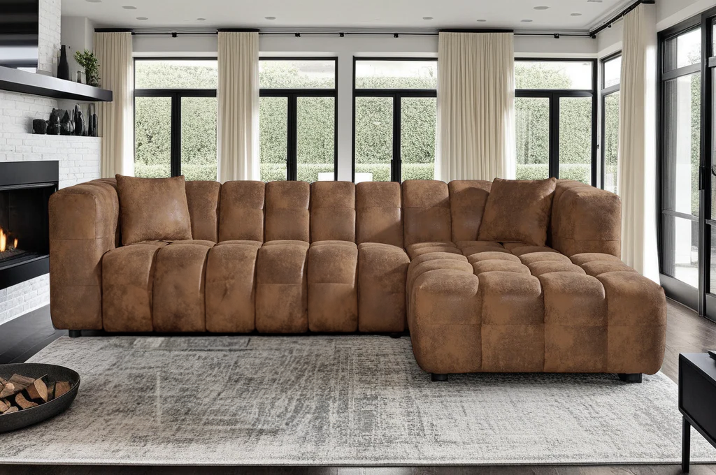 Faux Leather Suede Brown Right Hand Facing Corner Sofa LUGANO