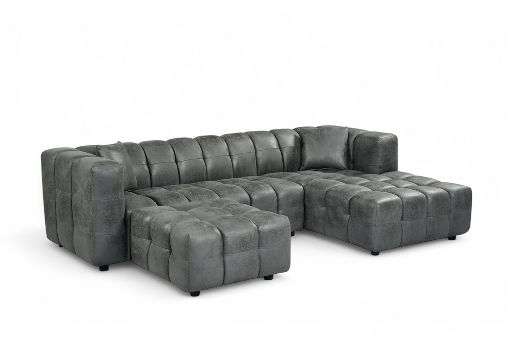 Faux Leather Suede Grey Right Hand Facing Lugano Corner Sofa with Ottoman