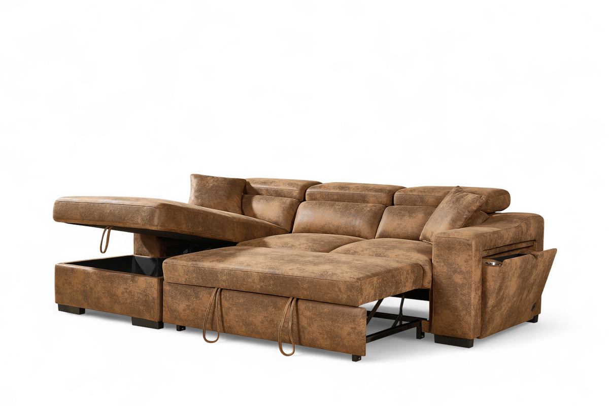 Faux Leather Suede Brown 1C2 Corner Sofabed with Storage ARTHUR
