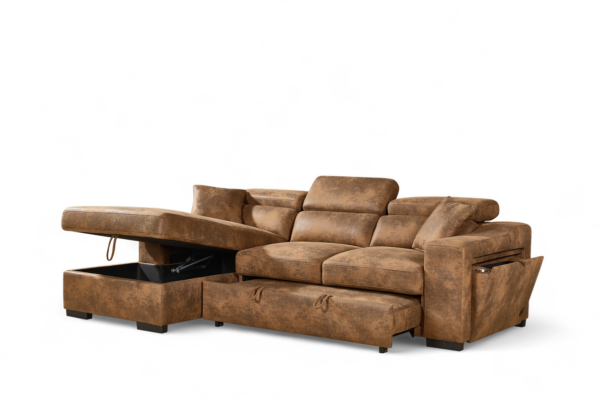 Faux Leather Suede Brown 1C2 Corner Sofabed with Storage ARTHUR