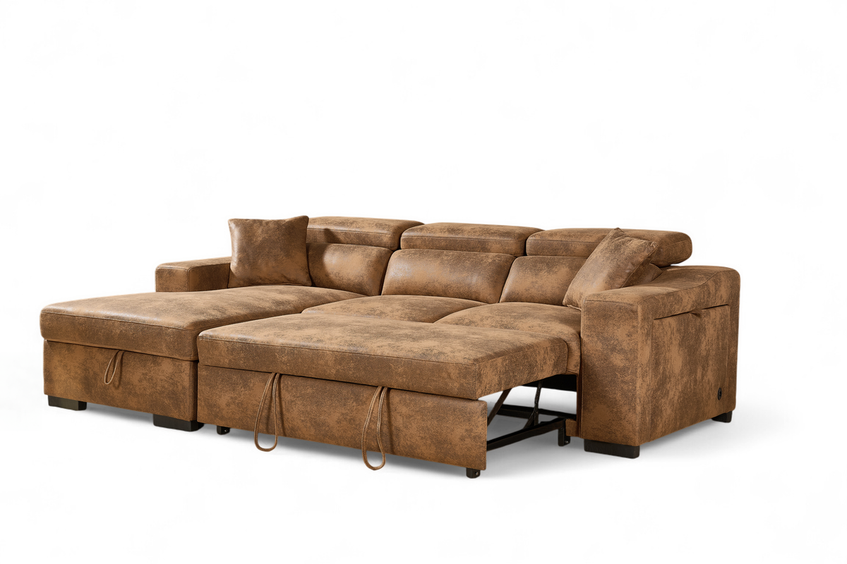 Faux Leather Suede Brown 1C2 Corner Sofabed with Storage ARTHUR