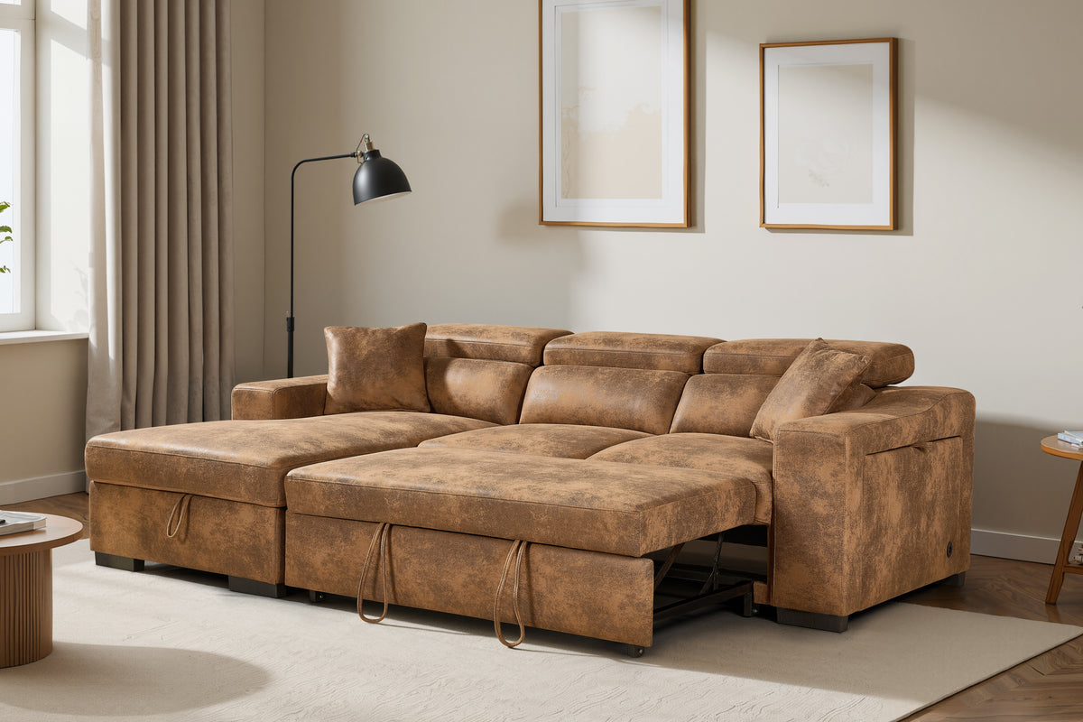 Faux Leather Suede Brown 1C2 Corner Sofabed with Storage ARTHUR